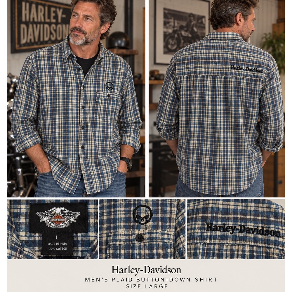 Harley-Davidson Men's Large Blue Plaid Button Down Shirt Skull Embroidered Biker